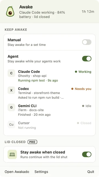 The Awakado menu: Agent mode on, Claude Code working, Codex waiting, lid-closed mode on