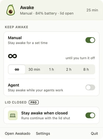 Awakado Manual mode set to no time limit