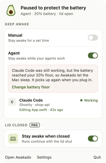 Awakado menu explaining it let the Mac sleep because the battery reached its floor