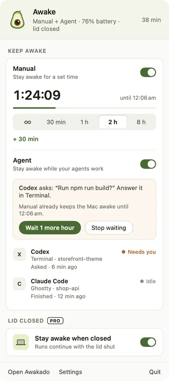 Awakado menu with Manual and Agent mode on, and a card saying Codex is asking a question