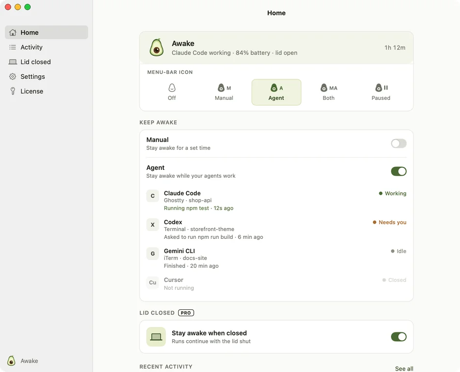 The Awakado window: sidebar, status card with a legend of menu-bar icons, and the two modes